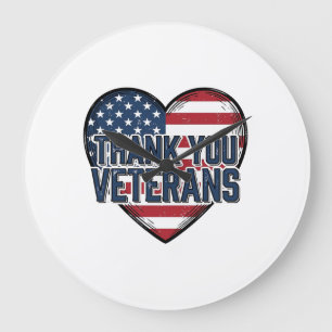 Thank You Veterans Patriotic Heart Vintage Design_ Large Clock