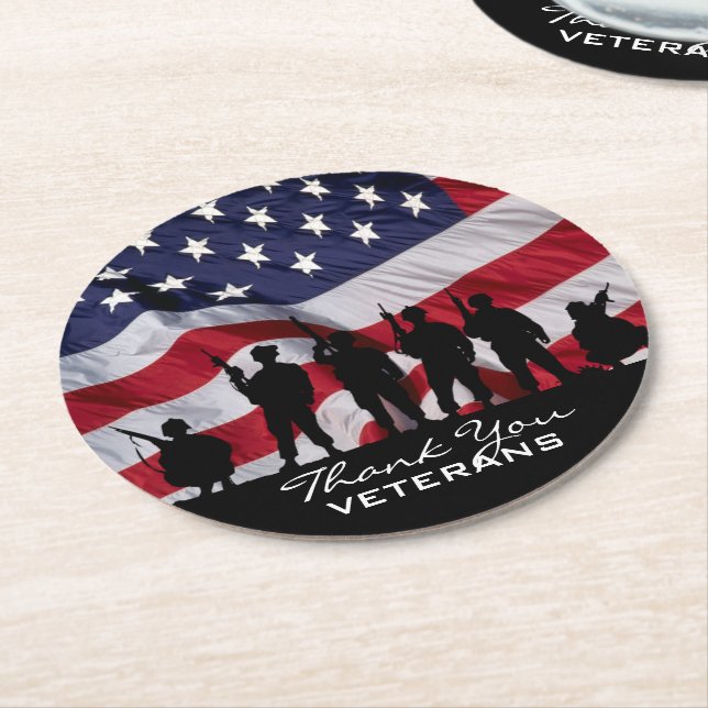 Thank you Veterans - Soldiers silhouette and Flag Round Paper Coaster (Angled)