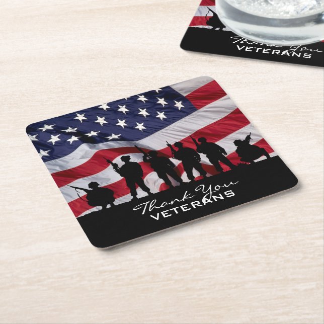 Thank you Veterans - Soldiers silhouette and Flag Square Paper Coaster (Angled)