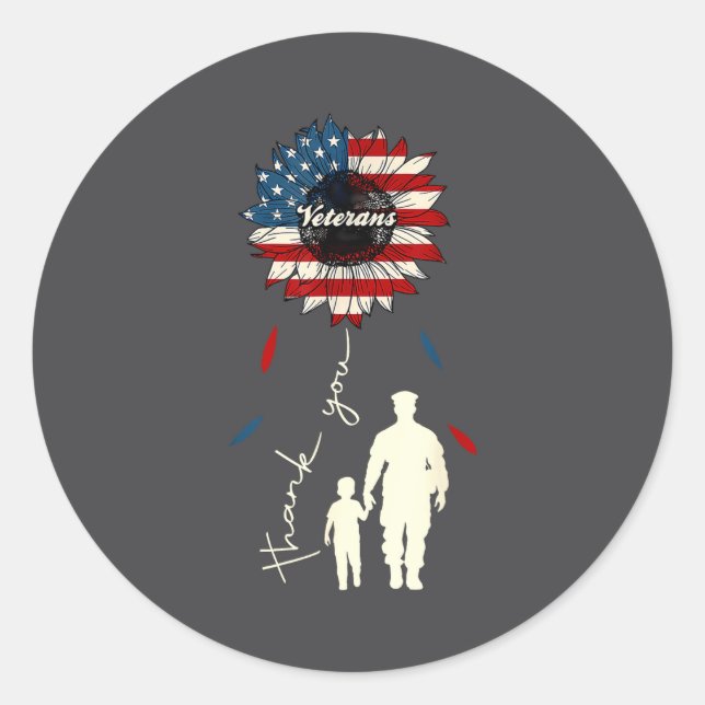 Thank You Veterans Sunflower Usa Flag Military Pat Classic Round Sticker (Front)