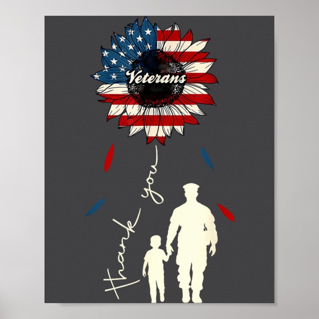 Thank You Veterans Sunflower Usa Flag Military Pat Poster (Front)