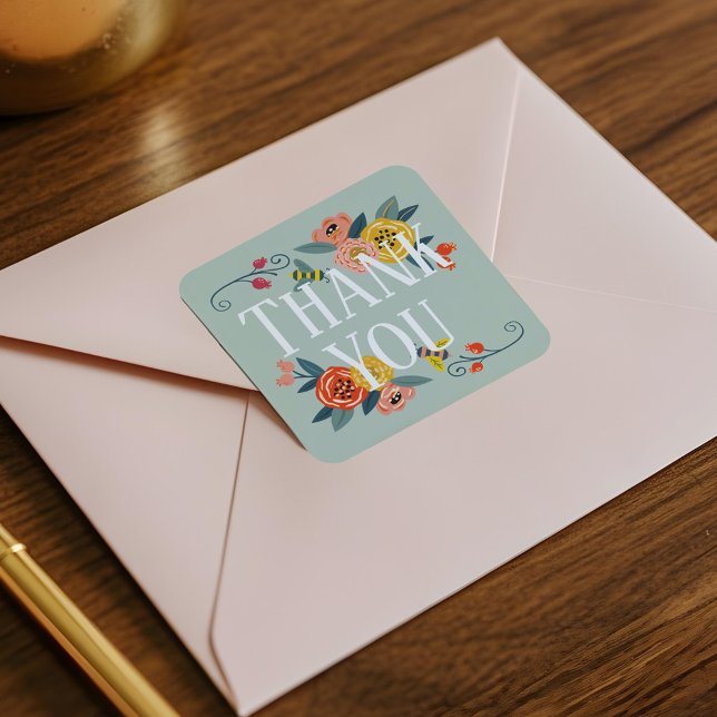 Thank You | Vibrant Floral Wildflowers & Honey Bee Square Sticker (Thank You | Vibrant Floral Wildflowers & Honey Bee Square Sticker)