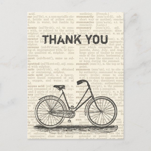Thank You Vintage Bicycle Brown Dictionary Page Postcard (Front)