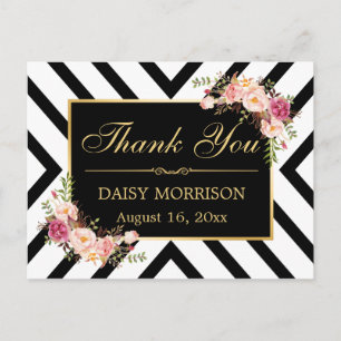 Thank You Vintage Floral Gold Black White Stripes Postcard