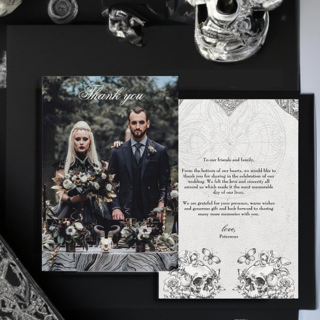 Thank you Vintage Gothic Wedding Skulls Photo Card (Creator Uploaded)