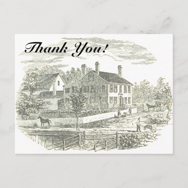 "Thank You!" + Vintage House and Farm Illustration Postcard (Front)