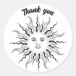 Thank you vintage retro sunshine face wavy rays classic round sticker