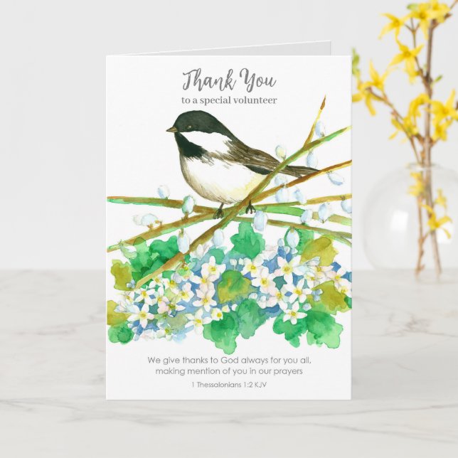 Thank You Volunteer Religious Christian Chickadee Card (Yellow Flower)