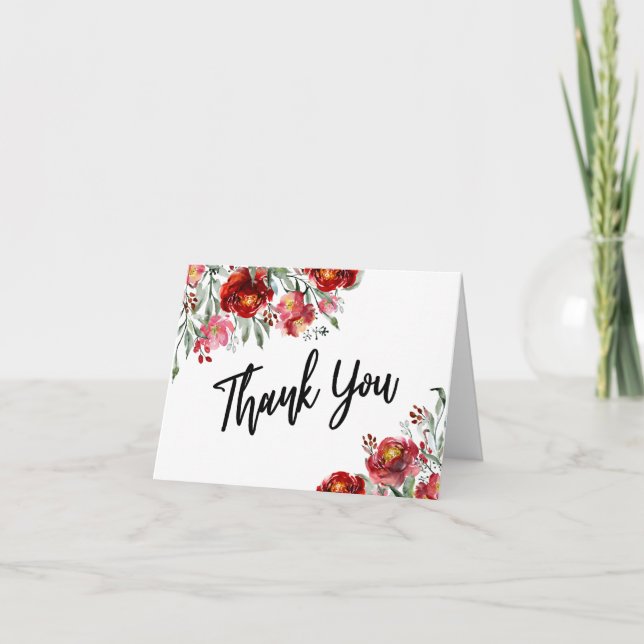 Thank You w/ Burgundy Red Watercolor Flowers Card (Front)