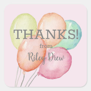 Thank You Watercolor Balloons Pink Square Sticker