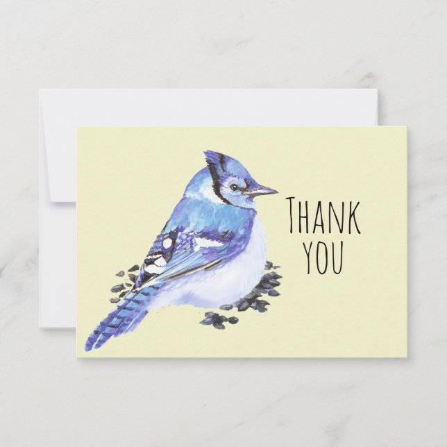Thank You Watercolor Blue Jay Bird Nature Art Card (Front)
