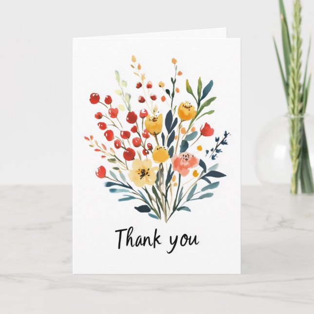 Thank You Watercolor Bouquet Flowers Holiday Card (Front)