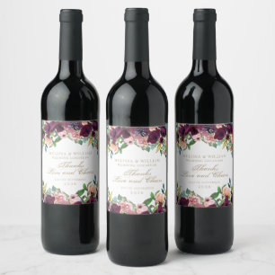 Thank You Watercolor Burgundy Floral White Wedding Wine Label