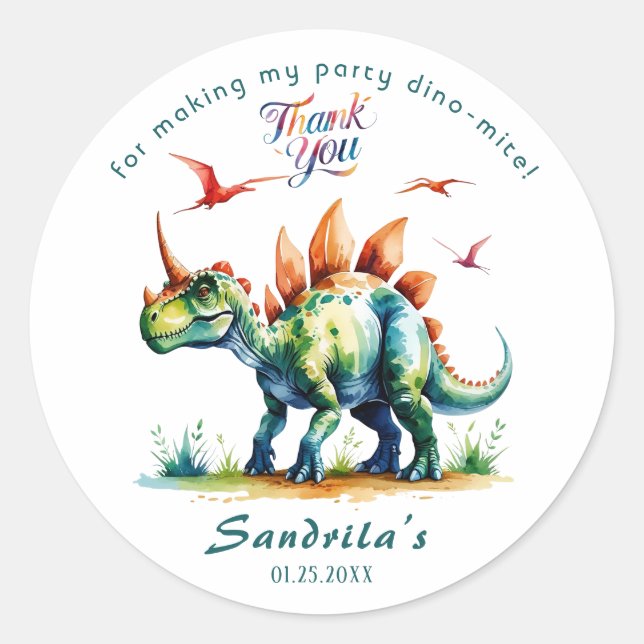Thank You  Watercolor Dinosaur  Classic Round Sticker (Front)