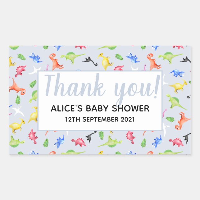 Thank You Watercolor Dinosaur Pattern Baby Shower Rectangular Sticker (Front)