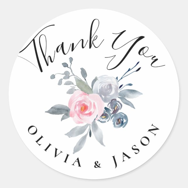 thank you watercolor dusty blue flowers classic round sticker (Front)