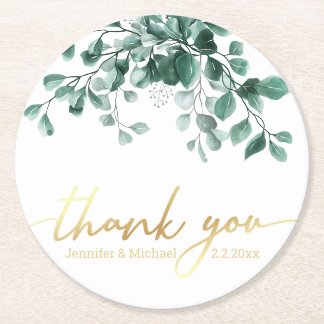 thank you Watercolor Eucalyptus Greenery gold  Round Paper Coaster (Front)