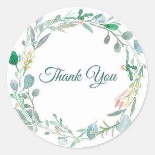 Thank You Watercolor Floral And Greenery Wreath Classic Round Sticker