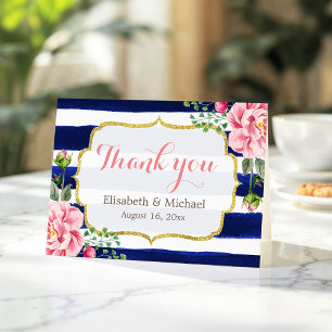 Thank You Watercolor Floral Navy Blue Stripes Card
