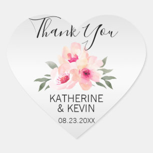 Thank You Watercolor Floral Pink Grey Grey Wedding Heart Sticker
