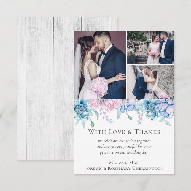 Thank You Watercolor Floral Wedding 3-Photo Card (Front/Back)