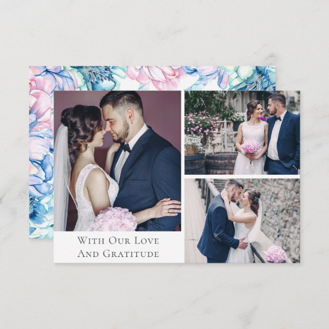 Thank You Watercolor Floral Wedding 3-Photo Card (Front/Back)
