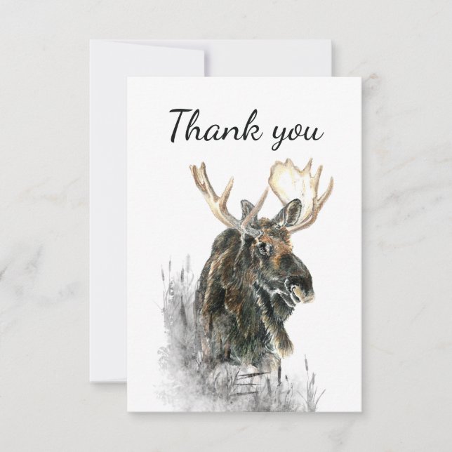 Thank You  Watercolor Moose Animal Wildlife Nature Card (Front)