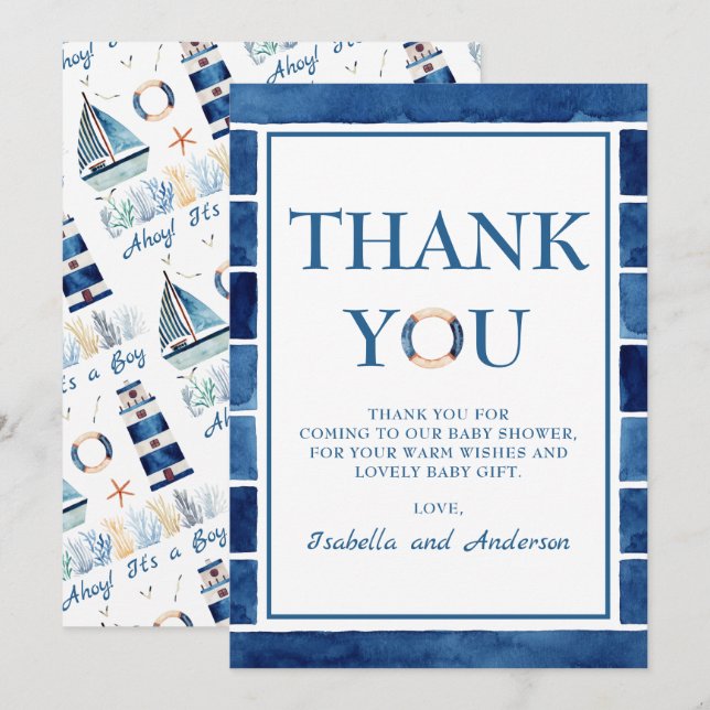 Thank You Watercolor Nautical Themed Baby Shower (Front/Back)