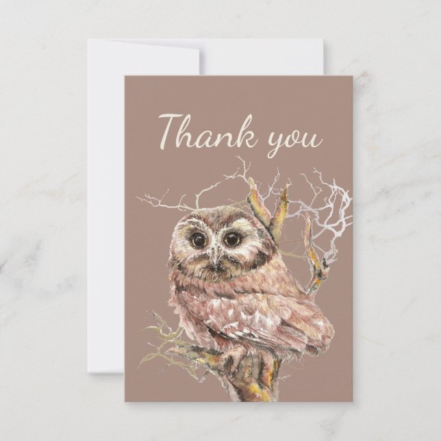 Thank You Watercolor Owl Bird in Tree Card (Front)