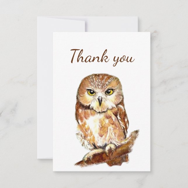 Thank You Watercolor Owl Bird Wildlife Nature Card (Front)