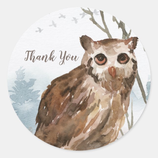 Thank You Watercolor Owl Classic Round Sticker (Front)