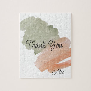 Thank You Watercolor Peach and Green Custom Name Jigsaw Puzzle