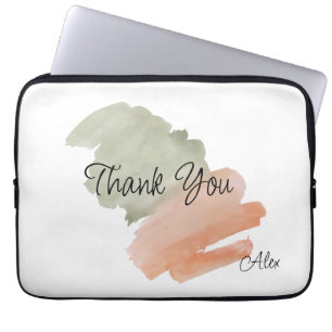 Thank You Watercolor Peach and Green Custom Name Laptop Sleeve