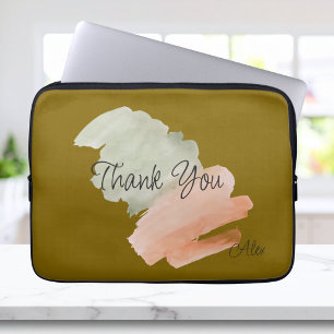 Thank You Watercolor Peach and Green Custom Name Laptop Sleeve