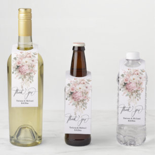 thank you, watercolor pink floral bouquet wedding bottle tag