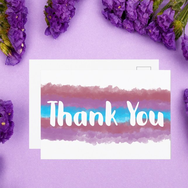 Thank You Watercolor Pink Purple Blue Postcard (A pretty thank you postcard that has a pink, purple and blue watercolor background)