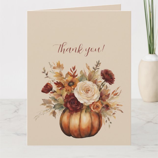 Thank You- Watercolor Pumpkin and Flowers- Card (Front)
