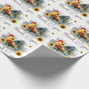 Thank You Watercolor Rooster with Sunflowers Wrapping Paper