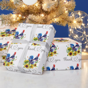 Thank You Watercolor Rooster with Sunflowers Wrapping Paper