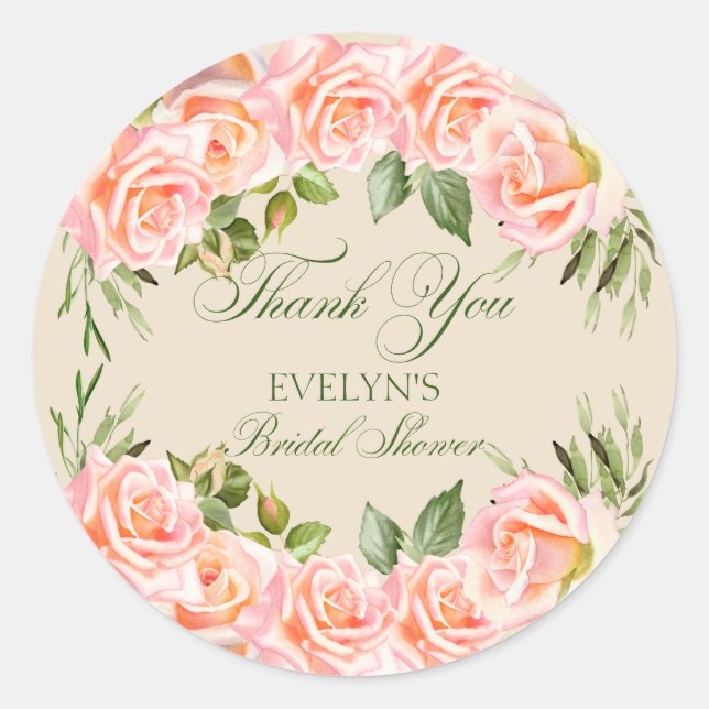 Thank You Watercolor Roses Bridal Shower  Classic Round Sticker (Front)