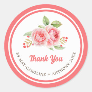 Thank You. Watercolor Roses Wedding Classic Round Sticker