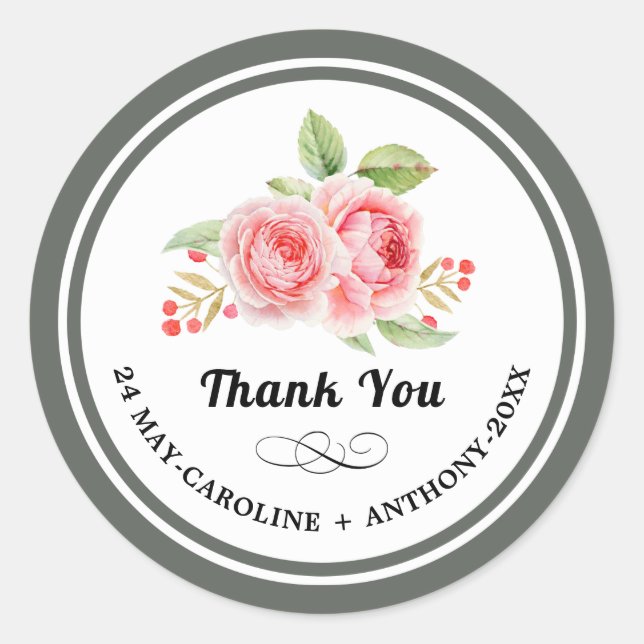 Thank You. Watercolor Roses Wedding Classic Round Sticker (Front)
