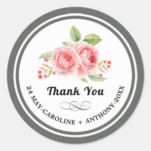 Thank You. Watercolor Roses Wedding Classic Round Sticker