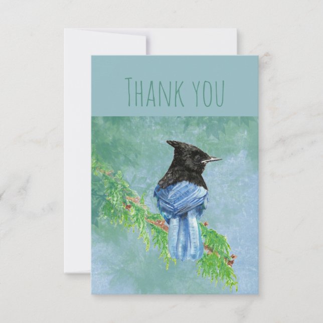 Thank You Watercolor Stellar Jay Bird Nature Art Card (Front)