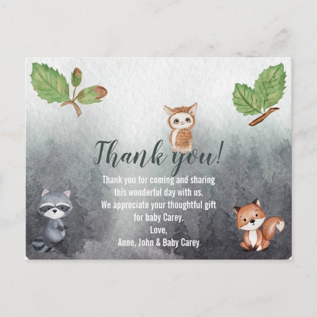 Thank You Watercolor Woodland Animals Postcard (Front)