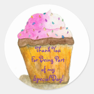 Thank You, Watercolors Pink Cupcake, Sprinkles Classic Round Sticker