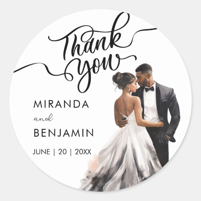 Thank You Wedding Black Bride Groom Watercolor Classic Round Sticker (Front)