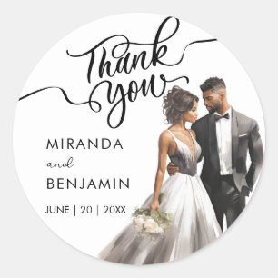 Thank You Wedding Black Bride Groom Watercolor Classic Round Sticker