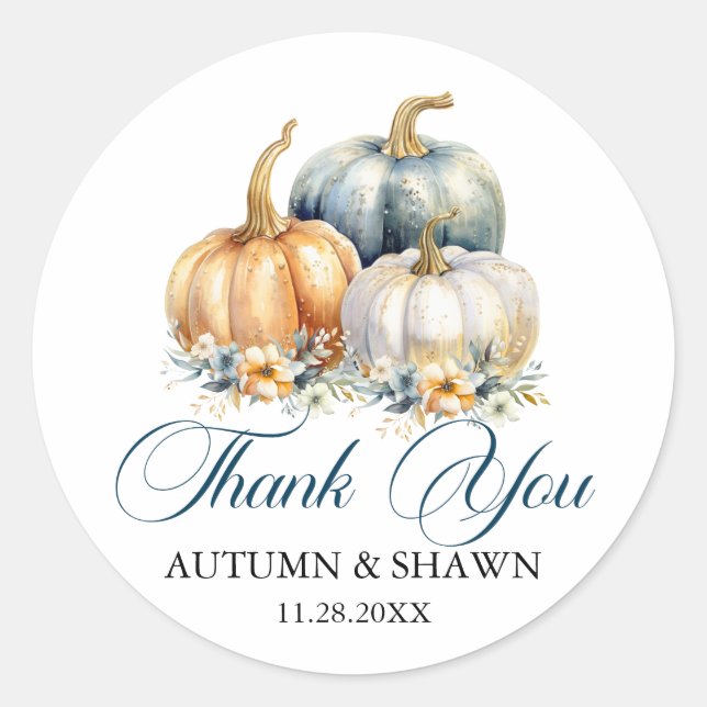 Thank You Wedding Blue Orange Gold Pumpkins Classic Round Sticker (Front)