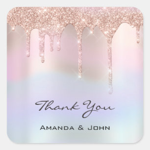 Thank You  Wedding Bridal Rose Glitter Holograph Square Sticker